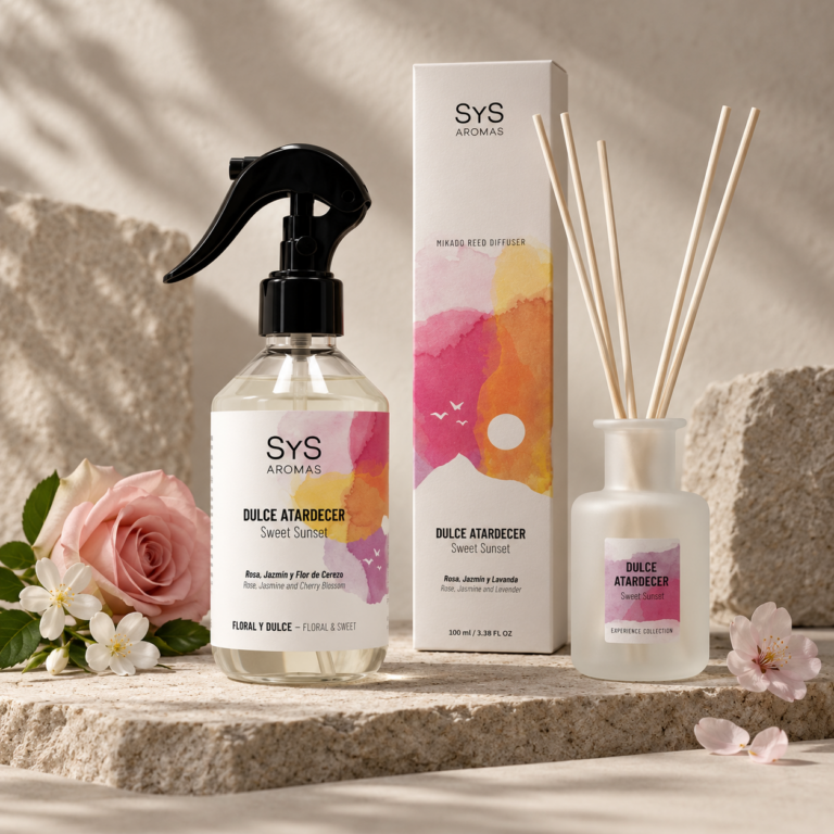 Ambientador Pulverizador Dulce Atardecer 300 ml Experience SYS Aromas junto a mikado de la misma fragancia, con aroma floral y dulce de rosa, jazmín y flor de cerezo.