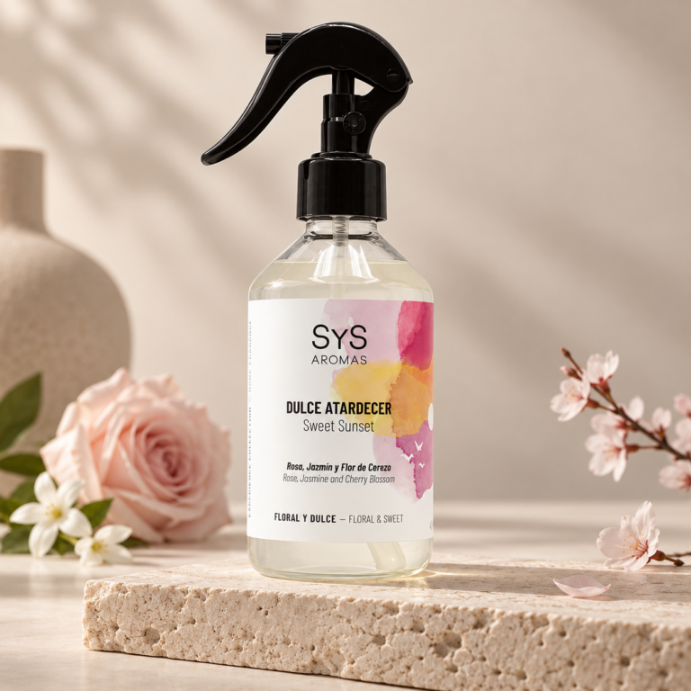 Ambientador Pulverizador Dulce Atardecer 300 ml SYS Aromas con rosa, jazmín y flor de cerezo en composición floral decorativa.