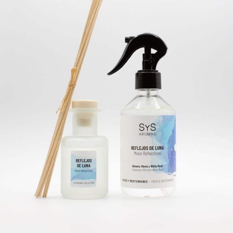 Ambientador Pulverizador Reflejos de Luna 300ml SYS Aromas junto al mikado y varillas de la Colección Experience