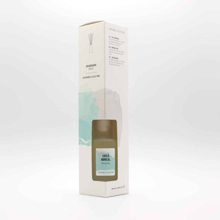 Caja del Ambientador Mikado Cielo Boreal 100ml Experience SYS Aromas con diseño verde y ventana frontal