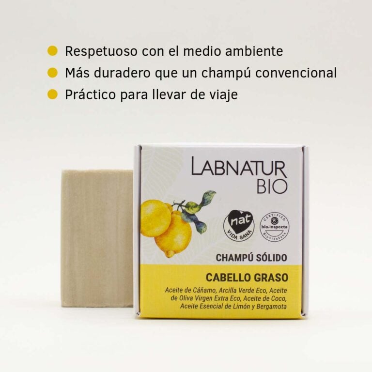 Champú Sólido para Cabello Graso 75g Labnatur Bio con estuche, pastilla y características del formato sólido