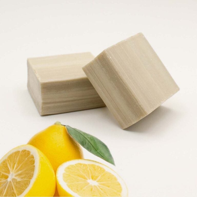Dos pastillas de Champú Sólido para Cabello Graso 75g Labnatur Bio junto a limones cortados