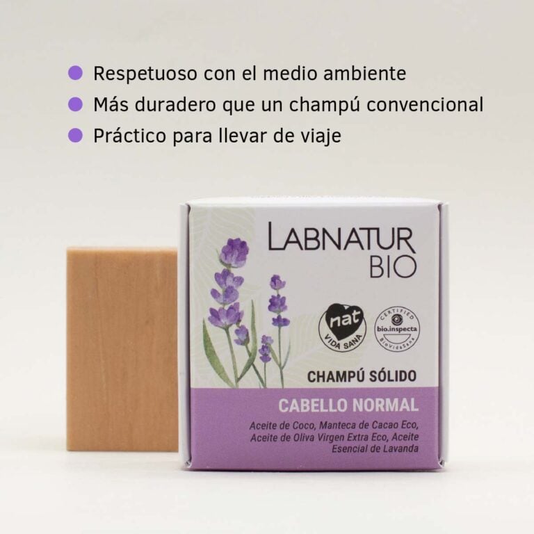 Champú Sólido para Cabello Normal 75g Labnatur Bio con estuche, pastilla y características del formato sólido