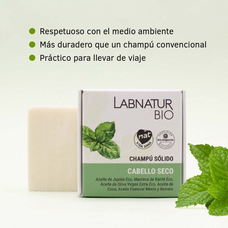 Champú Sólido para Cabello Seco 75g Labnatur Bio con estuche, pastilla, hojas de menta y características destacadas