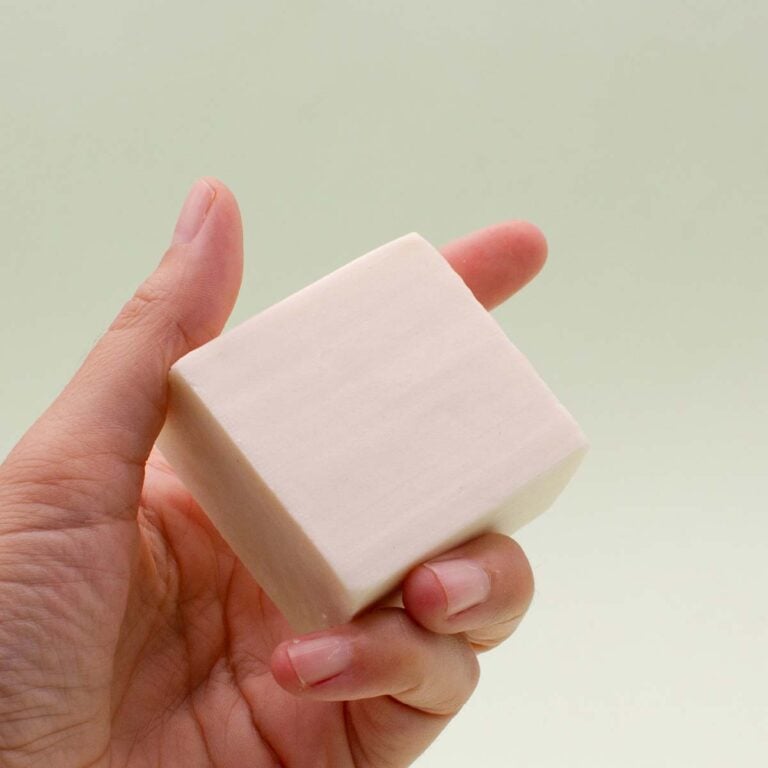 Pastilla rectangular de Champú Sólido para Cabello Seco 75g Labnatur Bio sostenida con una mano