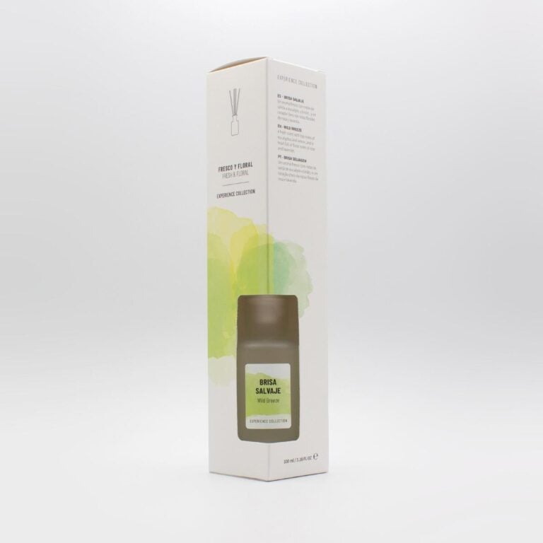 Caja del Ambientador Mikado Brisa Salvaje 100ml Experience SYS Aromas vista en perspectiva lateral