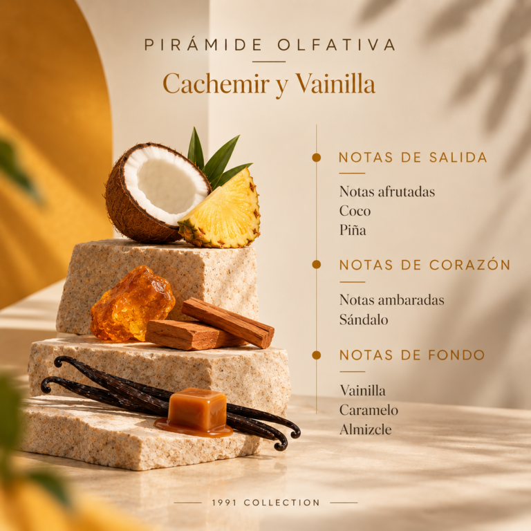 Pirámide olfativa del Ambientador Mikado Cachemir y Vainilla 100 ml SYS Aromas con notas afrutadas, coco, piña, notas ambaradas, sándalo, vainilla, caramelo y almizcle.