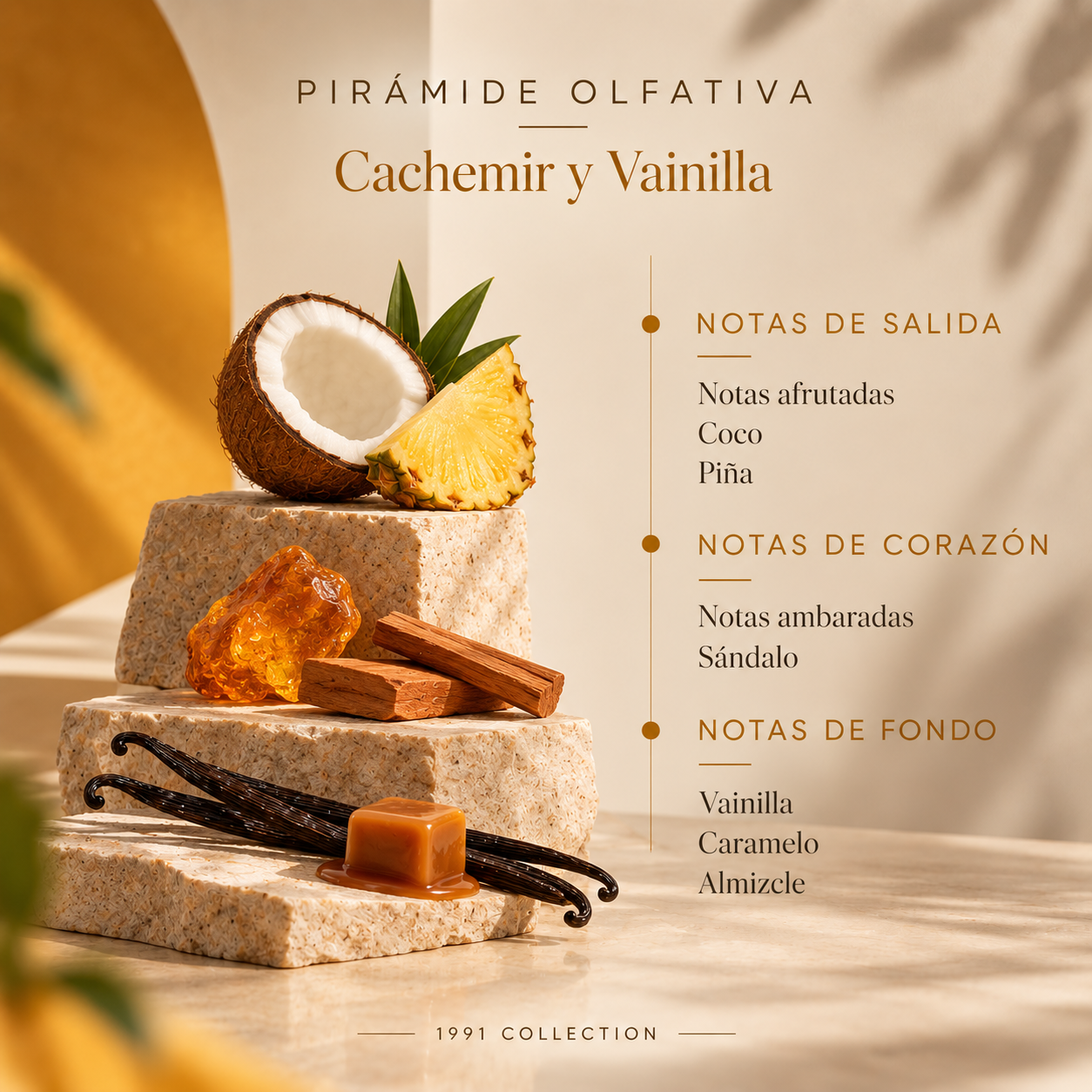 Pirámide olfativa del Ambientador Mikado Cachemir y Vainilla 100 ml SYS Aromas con notas afrutadas, coco, piña, notas ambaradas, sándalo, vainilla, caramelo y almizcle.