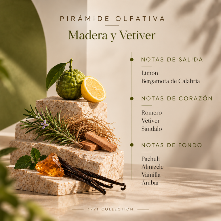 Pirámide olfativa del Ambientador Mikado Madera y Vetiver 100 ml SYS Aromas con limón, bergamota de Calabria, romero, vetiver, sándalo, pachuli, almizcle, vainilla y ámbar.