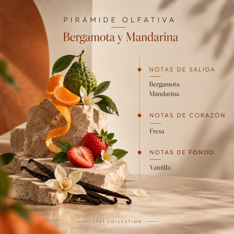 Pirámide olfativa del Ambientador Pulverizador Bergamota y Mandarina 300 ml SYS Aromas con notas de salida de bergamota y mandarina, corazón de fresa y fondo de vainilla.