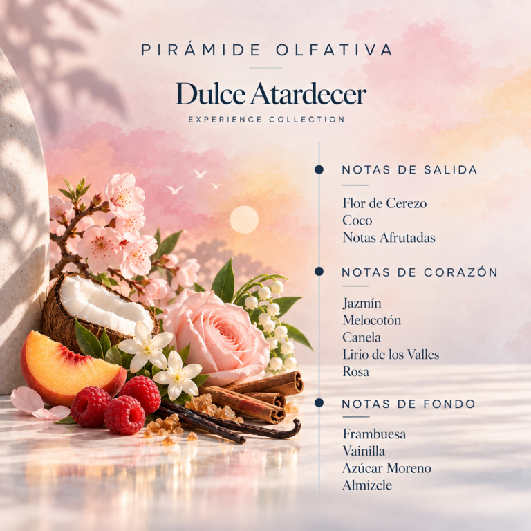 Pirámide olfativa del Ambientador Pulverizador Dulce Atardecer 300 ml SYS Aromas con flor de cerezo, coco, notas afrutadas, jazmín, melocotón, canela, lirio de los valles, rosa, frambuesa, vainilla, azúcar moreno y almizcle.