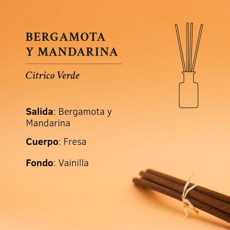 Pirámide olfativa Bergamota y Mandarina con salida cítrica cuerpo de fresa y fondo de vainilla