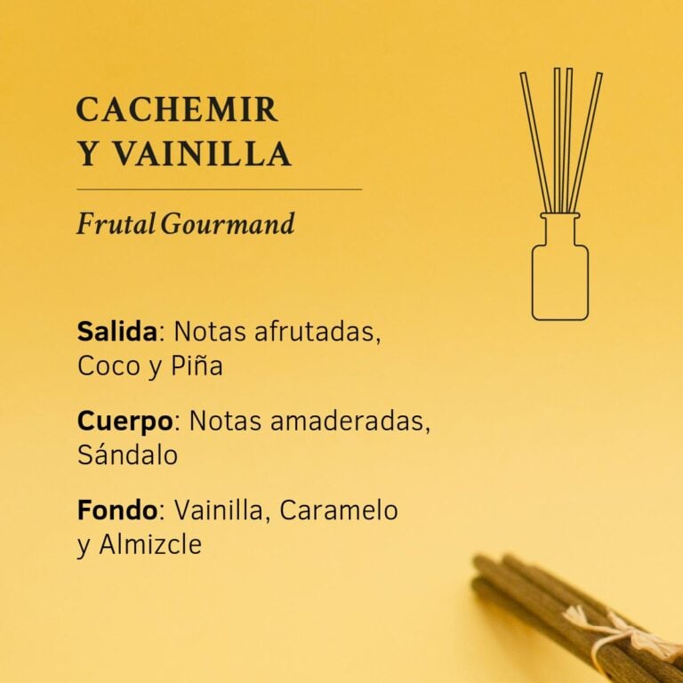 Pirámide olfativa Cachemir y Vainilla con notas afrutadas coco piña sándalo vainilla caramelo y almizcle