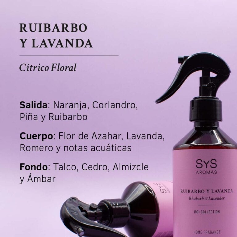 Pirámide olfativa Ruibarbo y Lavanda con naranja coriandro piña azahar lavanda romero cedro almizcle y ámbar