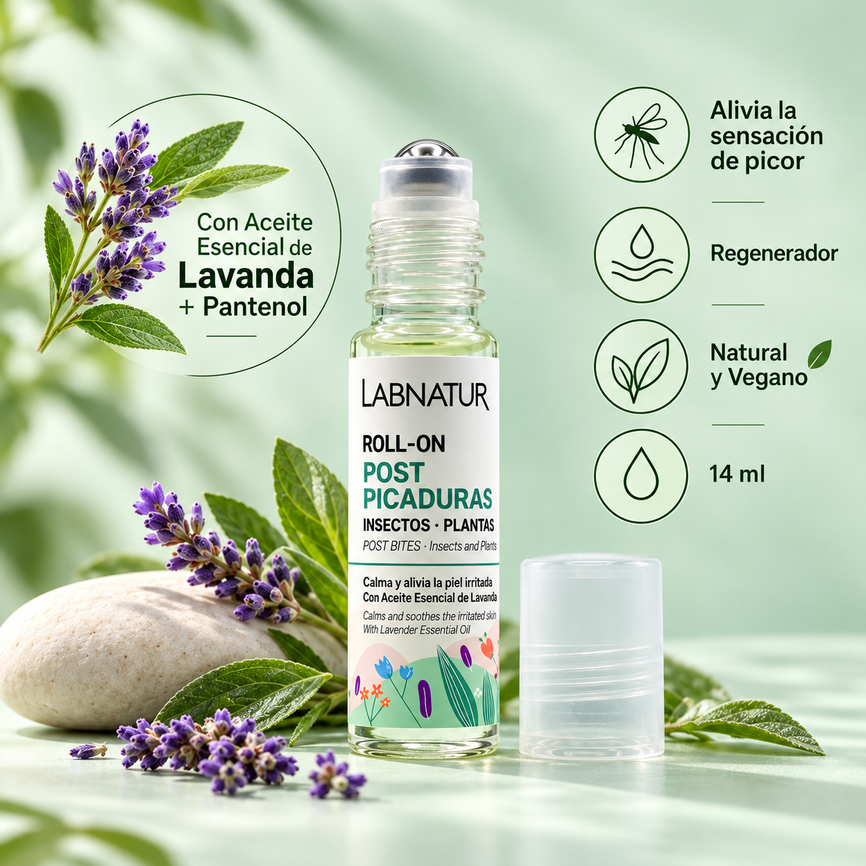 Roll-On Post Picaduras 14 ml Labnatur con aceite esencial de lavanda y pantenol, natural y vegano, para aliviar la sensación de picor y cuidar la piel.
