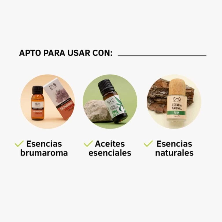 Infografía de esencias Brumaroma aceites esenciales y esencias naturales compatibles con el Humidificador Cosmos