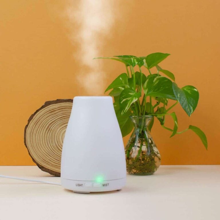 Humidificador Ultrasónico Cosmos 100ml SYS Aromas emitiendo niebla junto a una planta y una rodaja de madera