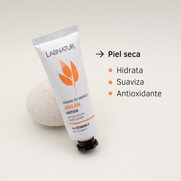 Crema de Manos Argán 50ml Labnatur junto a una piedra y los mensajes piel seca, hidrata, suaviza y antioxidante