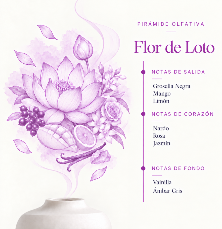 Pirámide olfativa de la Esencia Hidrosoluble Flor de Loto 50 ml SYS Aromas con grosella negra, mango, limón, nardo, rosa, jazmín, vainilla y ámbar gris.