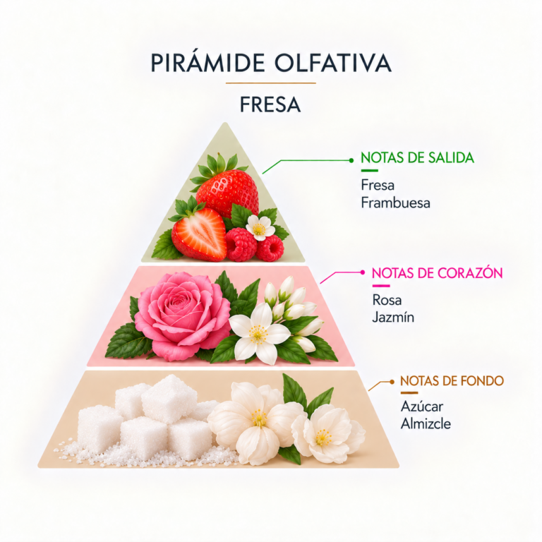 Pirámide olfativa de la Esencia Fresa 12 ml SYS Aromas con fresa, frambuesa, rosa, jazmín, azúcar y almizcle.