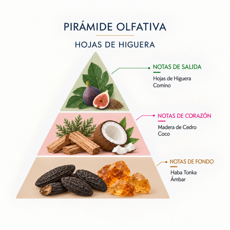 Pirámide olfativa de la Esencia Natural Higuera 12 ml SYS Aromas con hojas de higuera, comino, madera de cedro, coco, haba tonka y ámbar.
