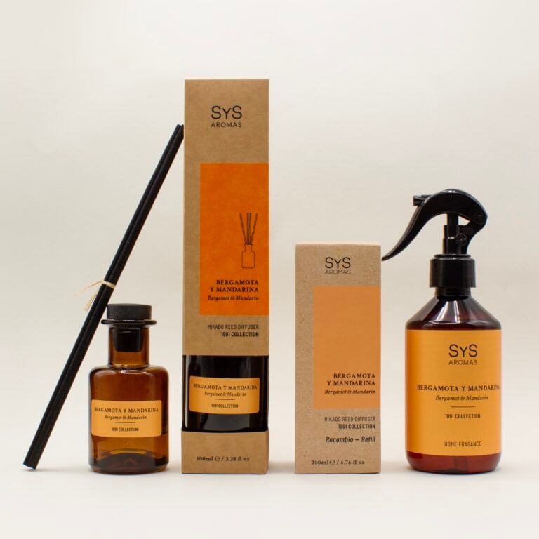 Gama de ambientadores Bergamota y Mandarina SYS Aromas con mikado recambio de 200ml varillas y pulverizador
