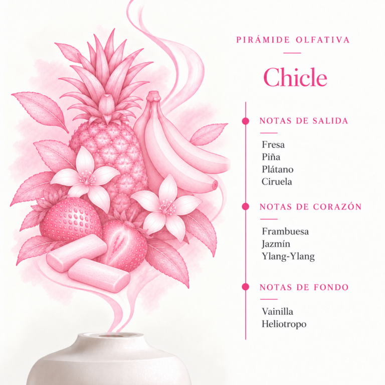 Pirámide olfativa de la Esencia Hidrosoluble Chicle 50 ml SYS Aromas con fresa, piña, plátano, ciruela, frambuesa, jazmín, ylang-ylang, vainilla y heliotropo.