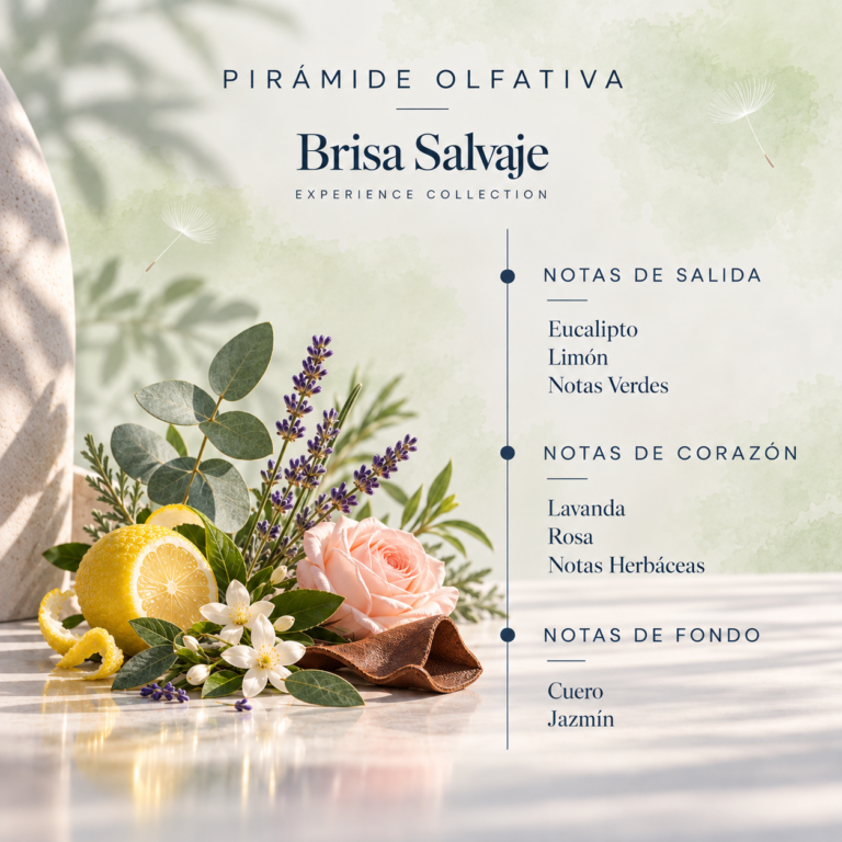 Pirámide olfativa del Recambio Mikado Brisa Salvaje 200 ml SYS Aromas con eucalipto, limón, notas verdes, lavanda, rosa, notas herbáceas, cuero y jazmín.