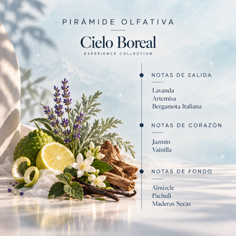 Pirámide olfativa del Recambio Mikado Cielo Boreal 200 ml SYS Aromas con lavanda, artemisa, bergamota italiana, jazmín, vainilla, almizcle, pachuli y maderas secas.
