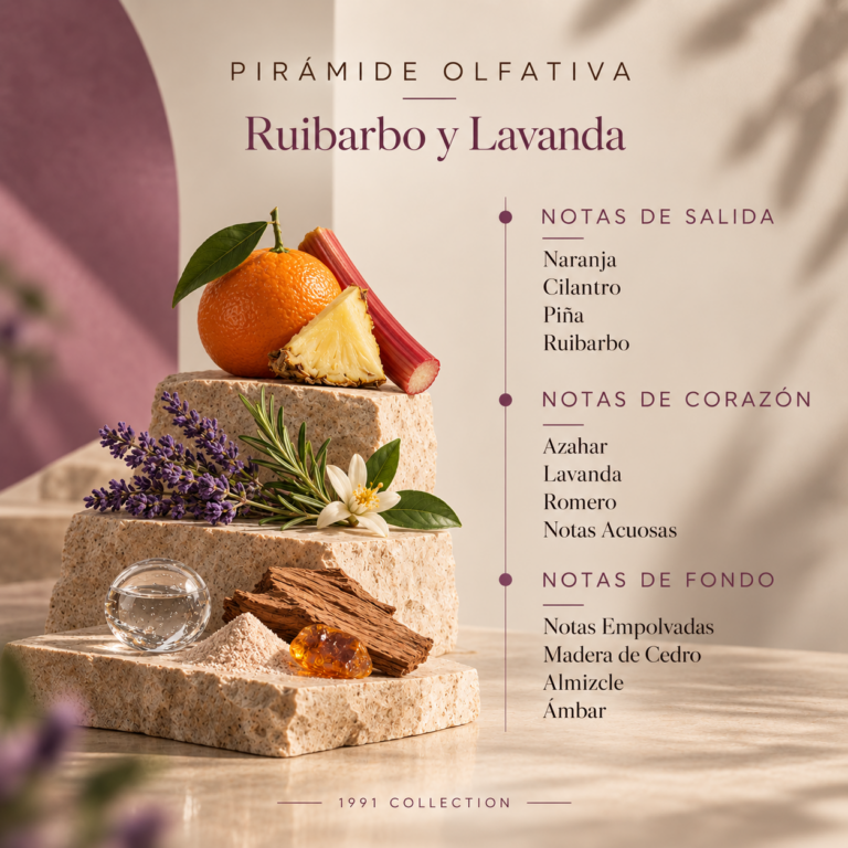 Pirámide olfativa del Recambio Mikado Ruibarbo y Lavanda 200 ml SYS Aromas con naranja, cilantro, piña, ruibarbo, azahar, lavanda, romero, notas acuosas, notas empolvadas, madera de cedro, almizcle y ámbar.