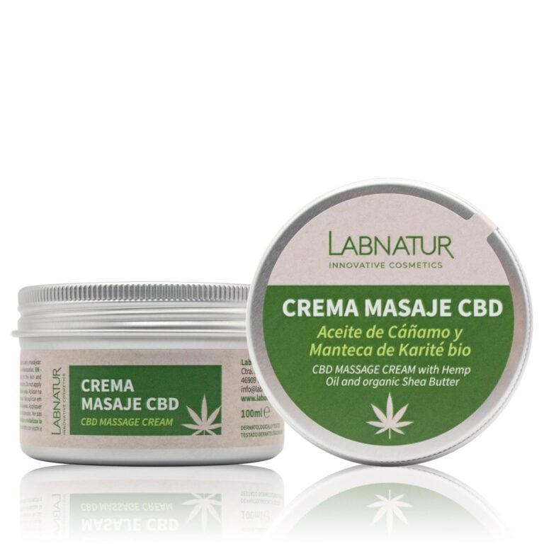 Crema Masaje CBD 100ml Labnatur con aceite de cáñamo y manteca de karité bio para masaje corporal relajante.