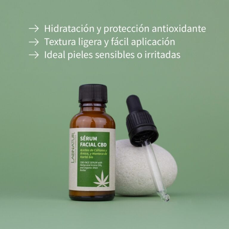 Sérum Facial CBD 30ml Labnatur en presentación de producto natural para hidratar y calmar pieles sensibles.