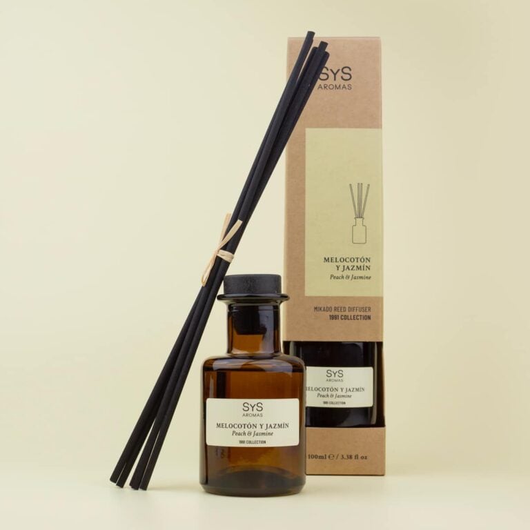 Ambientador Mikado Melocotón y Jazmín 100ml SYS Aromas con caja y varillas negras Colección 1991