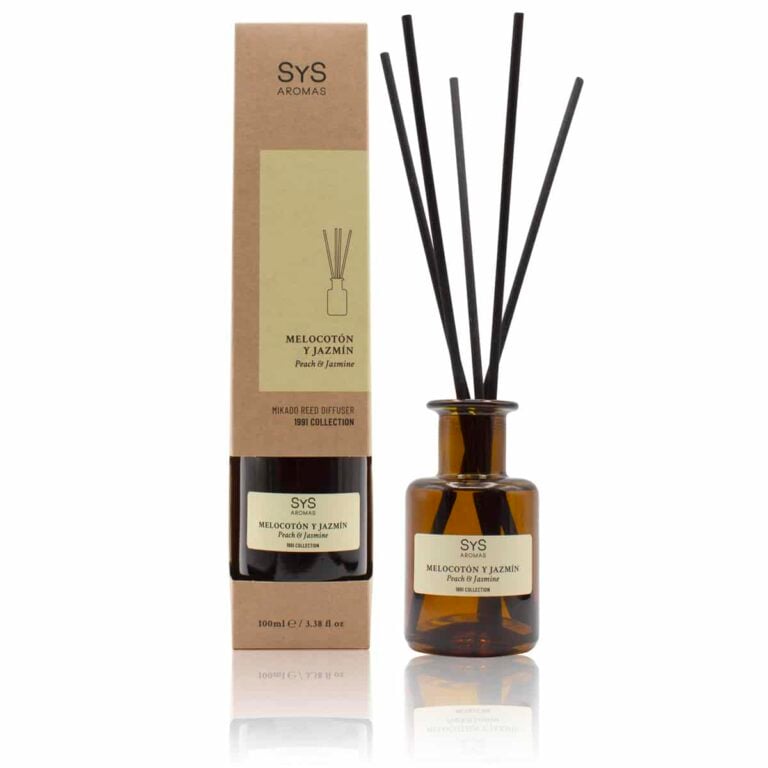 Ambientador mikado Melocotón y Jazmín 100ml SYS Aromas con varillas difusoras