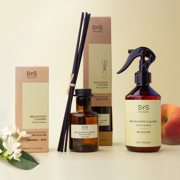 Gama Melocotón y Jazmín SYS Aromas con recambio mikado difusor varillas y ambientador pulverizador