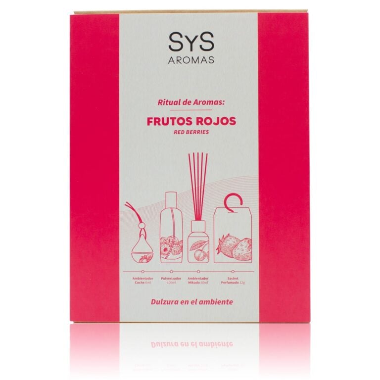 Pack Aroma Frutos Rojos SYS Aromas con ambientador de coche, pulverizador, mikado y sachet perfumado.