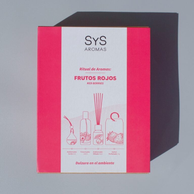 Caja Pack Aroma Frutos Rojos SYS Aromas con cuatro ambientadores para coche, hogar y pequeños espacios.