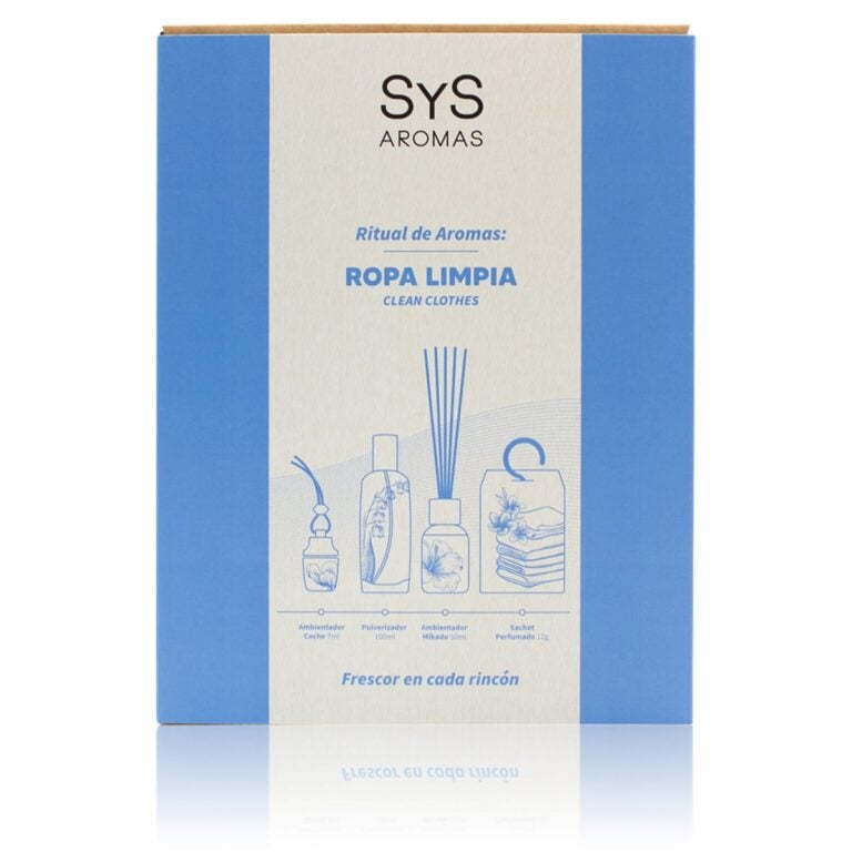Pack Aroma Ropa Limpia SYS Aromas con ambientador de coche, pulverizador, mikado y sachet perfumado.