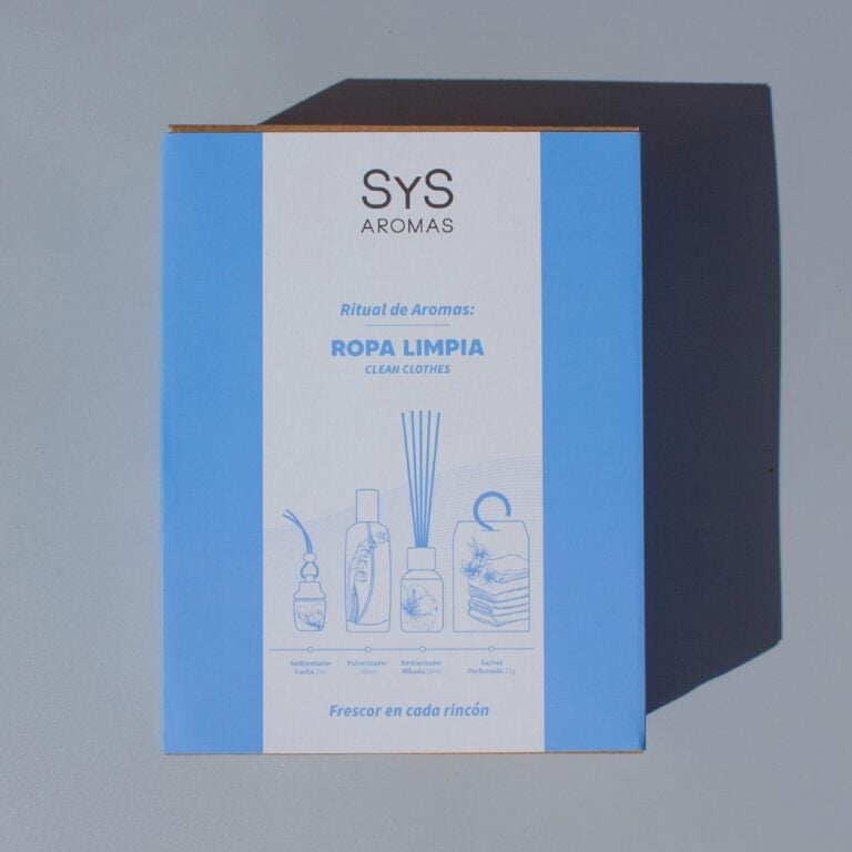 Caja Pack Aroma Ropa Limpia SYS Aromas con cuatro ambientadores para coche, hogar y armarios.