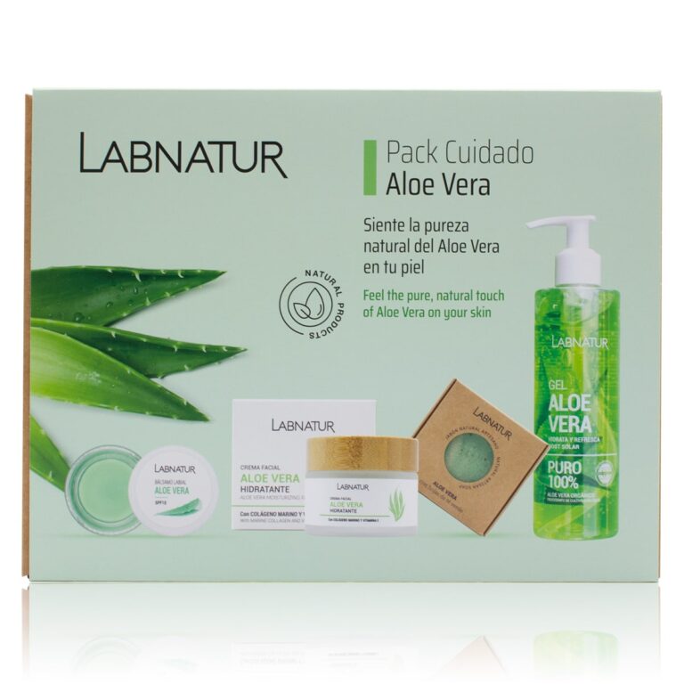Pack Cuidado Aloe Vera Labnatur con crema facial, gel aloe vera 100% puro, bálsamo labial y jabón natural.