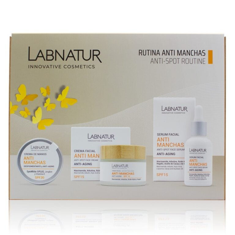 Pack Rutina Anti Manchas Labnatur con crema facial, sérum facial y crema de manos despigmentante con SPF15 y SPF30.