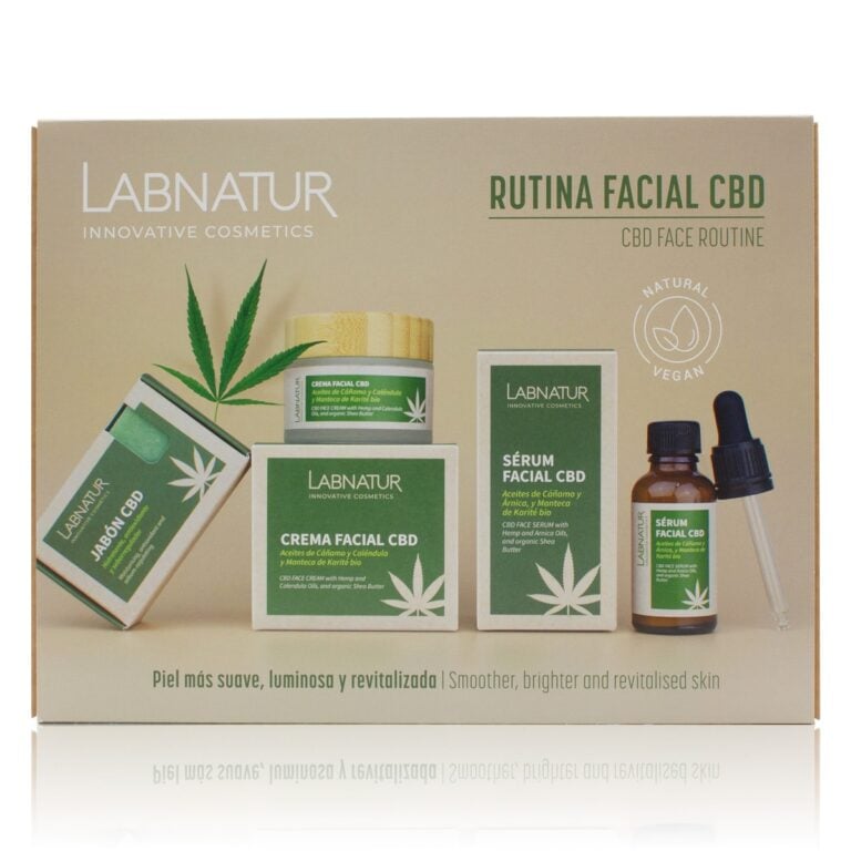 Pack Rutina Facial CBD Labnatur con crema facial, sérum facial y jabón natural con CBD y aceite de cáñamo.