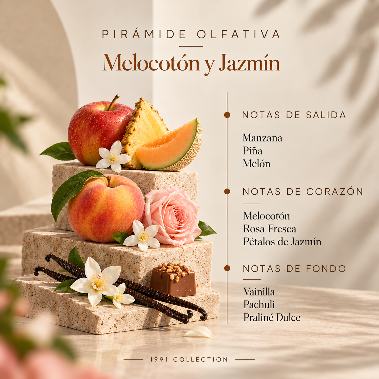 Pirámide olfativa del Recambio Mikado Melocotón Jazmín 200 ml de SYS Aromas con salida de manzana, piña y melón, corazón de melocotón, rosa fresca y pétalos de jazmín, y fondo de vainilla, pachuli y praliné dulce.