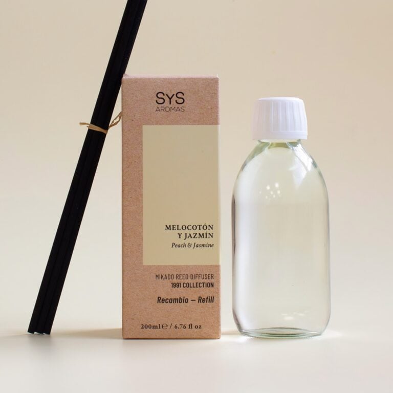 Recambio Mikado Melocotón y Jazmín 200ml SYS Aromas con caja botella transparente y varillas negras