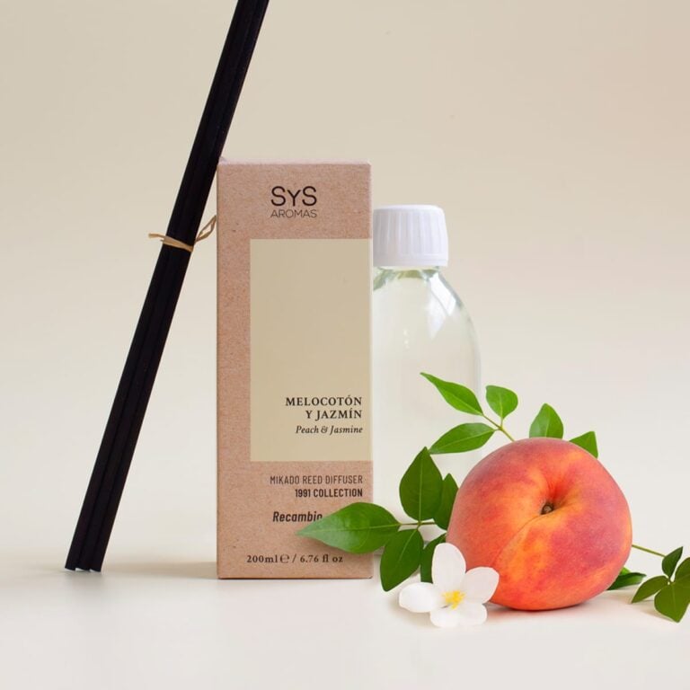 Recambio Mikado Melocotón y Jazmín 200ml SYS Aromas con varillas melocotón y flor blanca
