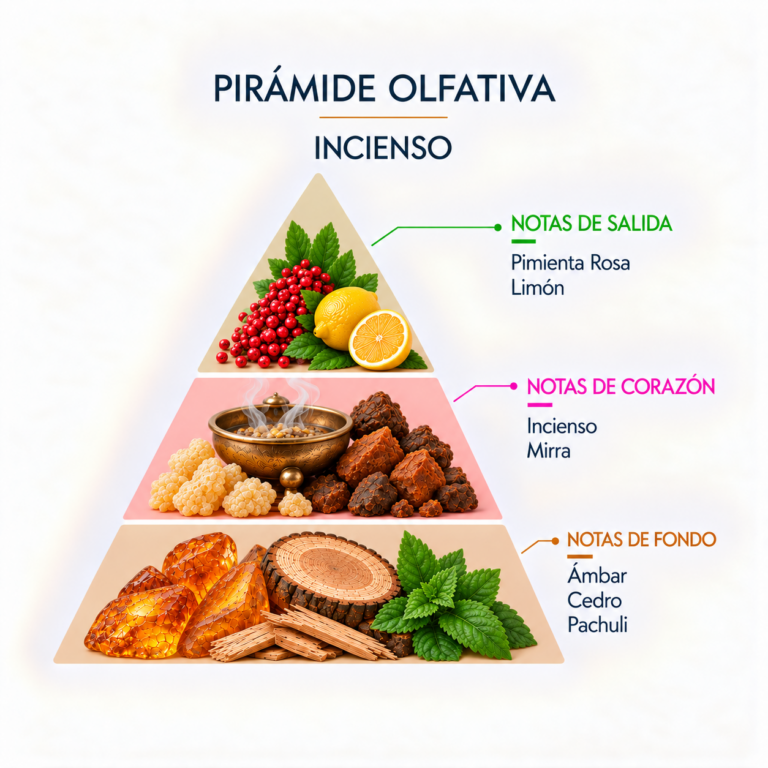Pirámide olfativa del Incienso Natural Incienso 20 Sticks SYS Aromas con pimienta rosa, limón, incienso, mirra, ámbar, cedro y pachuli.