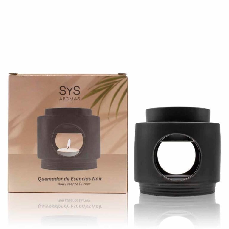 Quemador Noir de cerámica negra SYS Aromas junto a su caja original