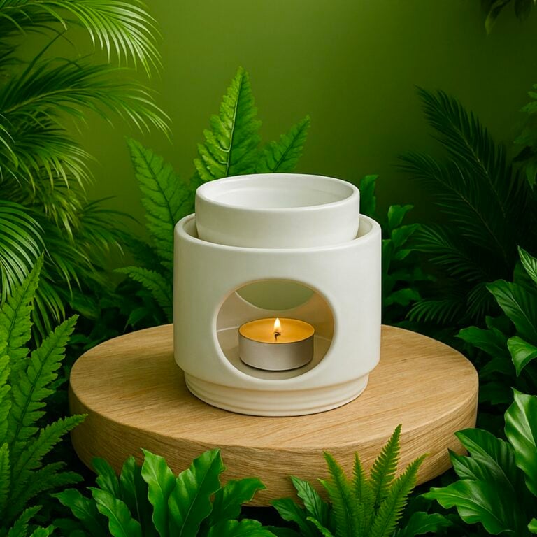 Quemador Nordic de cerámica blanca SYS Aromas con vela encendida rodeado de plantas verdes