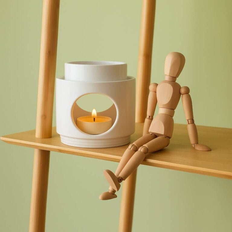 Quemador Nordic de cerámica blanca SYS Aromas con vela encendida junto a figura articulada de madera