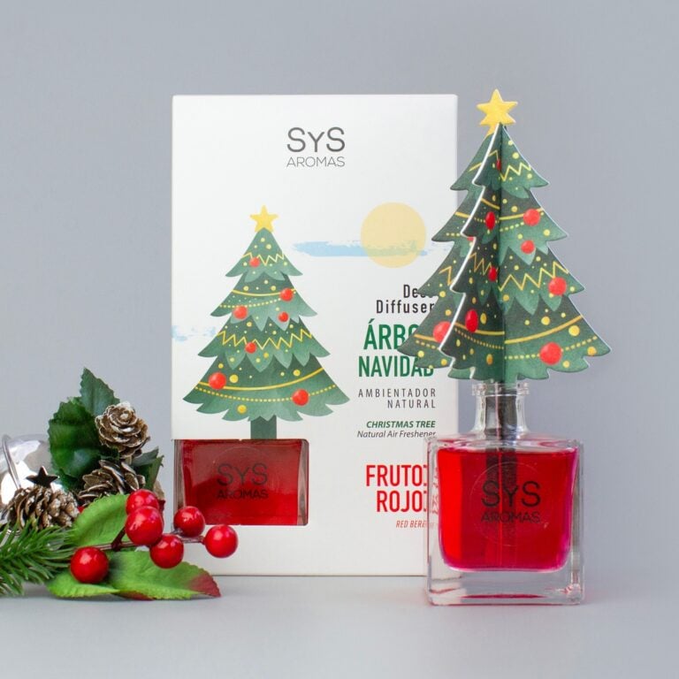 Ambientador Difusor Árbol de Navidad Frutos Rojos 90ml SYS Aromas con estuche, piñas y bayas rojas